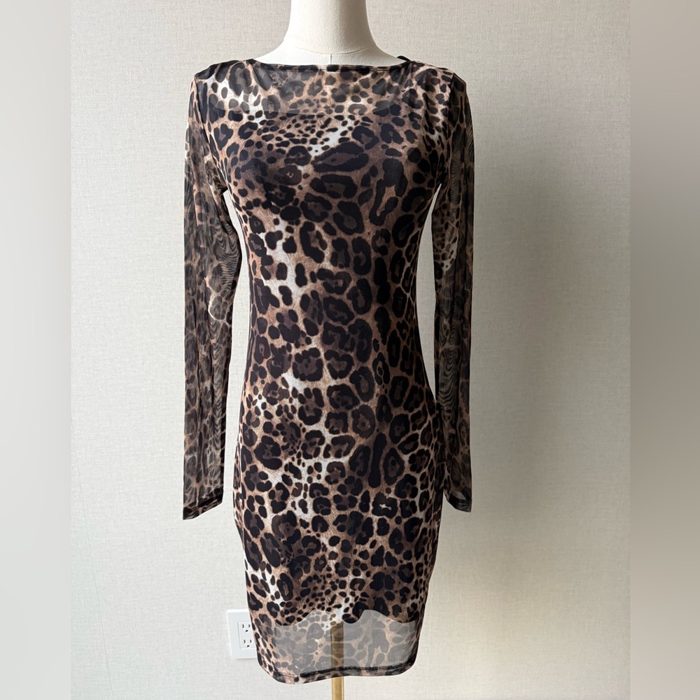 Express Long Sleeve Leopard Print Bodycon Dress - Brown, Black